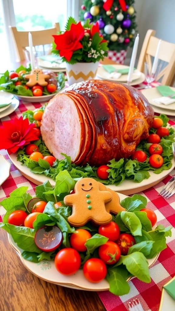 A festive table with glazed ham, summer salad, and gingerbread cookies for a Christmas in July party.